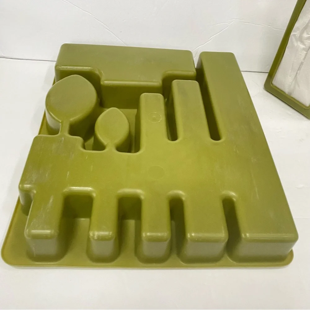 Vtg 70s Avocado Green Rubbermaid Utensil Holder Tray 2922 & Napkin Holder